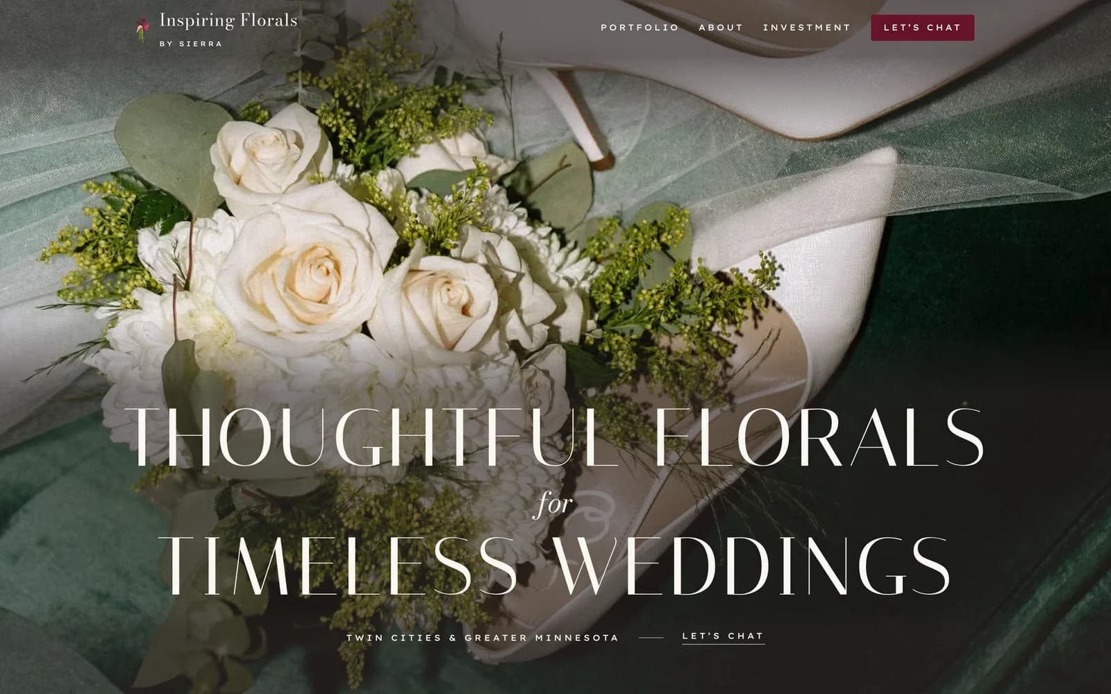 Inspiring Florals homepage: a bridal bouquet with the headline Thoughtful florals for timeless weddings