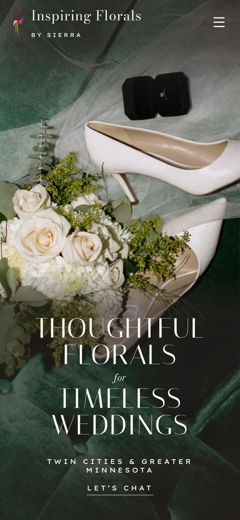 Inspiring Florals homepage on a phone, with a bouquet and the headline Thoughtful florals for timeless weddings