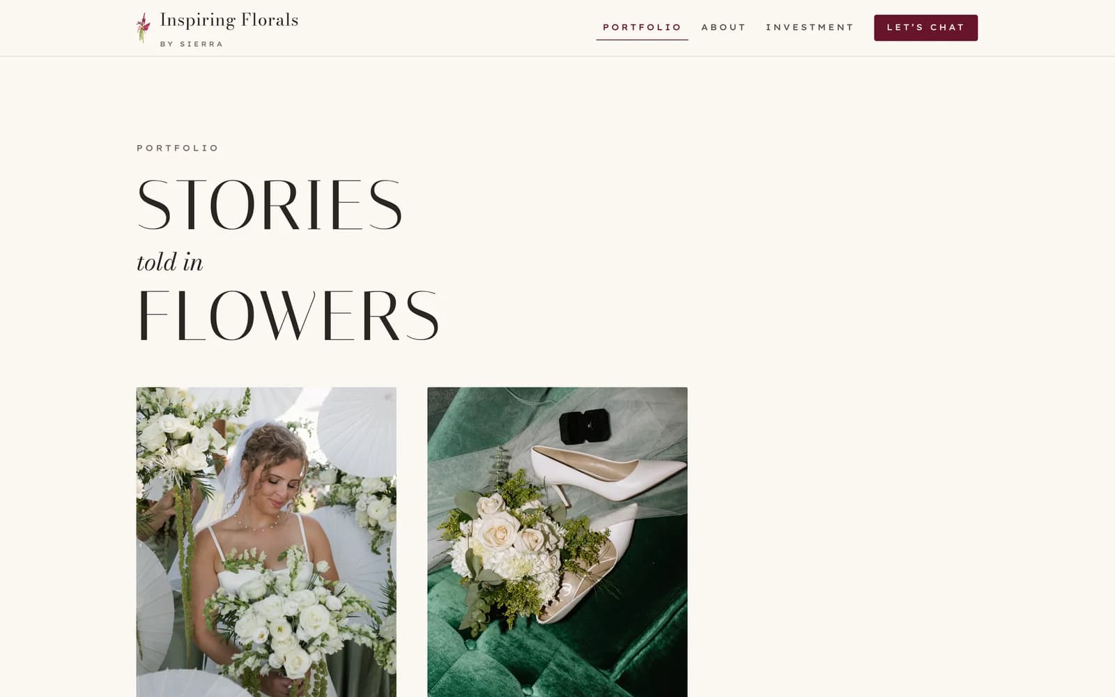 Inspiring Florals portfolio page with the headline Stories told in flowers above wedding photos