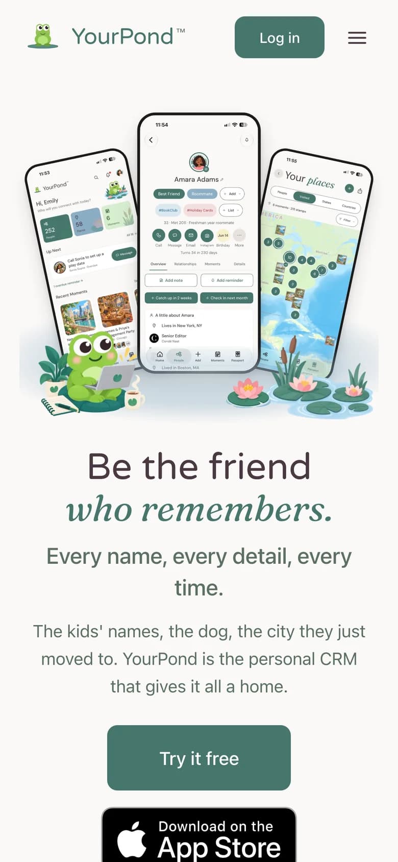 YourPond homepage on a phone, with app screens above the headline Be the friend who remembers